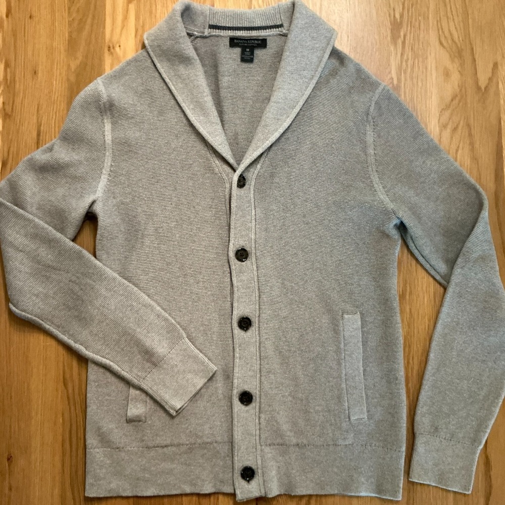 Banana Republic Shawl Collar Cardigan Sweater Mens M Beige 100% Supima Cotton